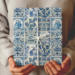 Chique Blauw wit toile de jouy Poppen en bloemen Cadeaupapier