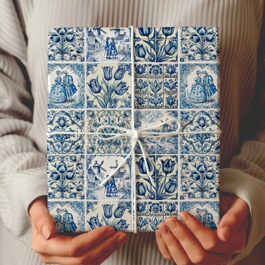 Chique Blauw wit toile de jouy Poppen en bloemen Cadeaupapier