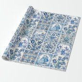 Chique Blauw wit toile de jouy Poppen en bloemen Cadeaupapier (Uitgerold)