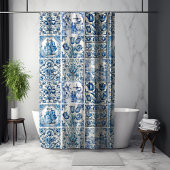 Chique Blauw wit toile de jouy Poppen en bloemen Douchegordijn