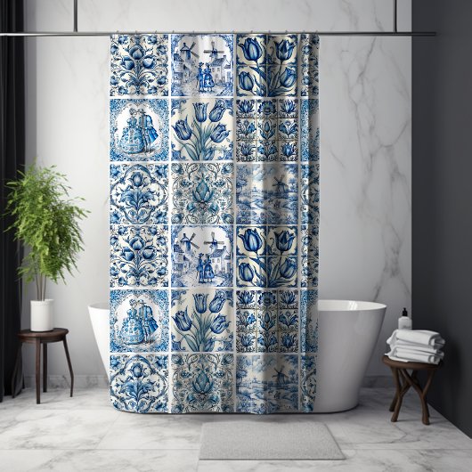 Chique Blauw wit toile de jouy Poppen en bloemen Douchegordijn