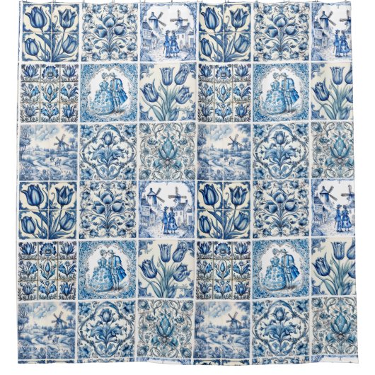 Chique Blauw wit toile de jouy Poppen en bloemen Douchegordijn (Voorkant)