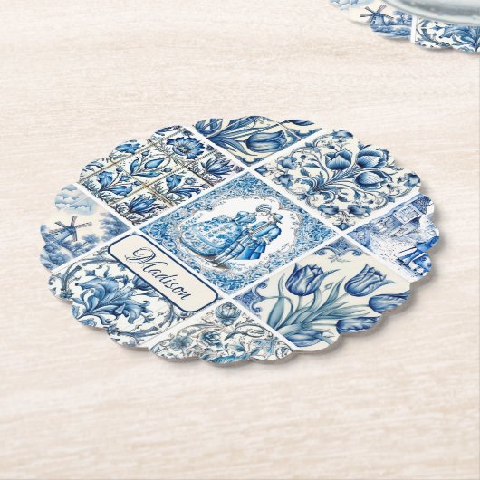 Chique Blauw wit toile de jouy Poppen en bloemen Kartonnen Onderzetters (Gekanteld)