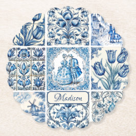 Chique Blauw wit toile de jouy Poppen en bloemen Kartonnen Onderzetters