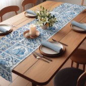 Chique Blauw wit toile de jouy Poppen en bloemen Korte Tafelloper