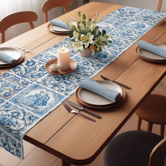 Chique Blauw wit toile de jouy Poppen en bloemen Korte Tafelloper