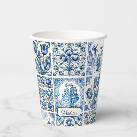Chique Blauw wit toile de jouy Poppen en bloemen Papieren Bekers (Achterkant)