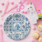 Chique Blauw wit toile de jouy Poppen en bloemen Papieren Bordje (Feest)