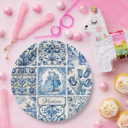 Chique Blauw wit toile de jouy Poppen en bloemen Papieren Bordje (Feest)