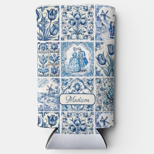 Chique Blauw wit toile de jouy Poppen en bloemen Seltzer Blikjeskoeler (Voorkant)