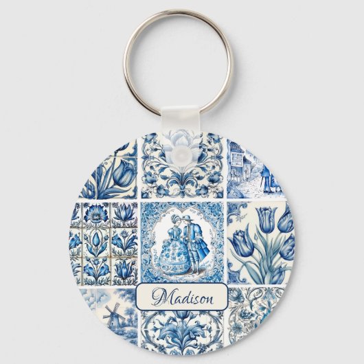 Chique Blauw wit toile de jouy Poppen en bloemen Sleutelhanger (Voorkant)