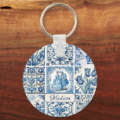 Chique Blauw wit toile de jouy Poppen en bloemen Sleutelhanger (Achterkant)