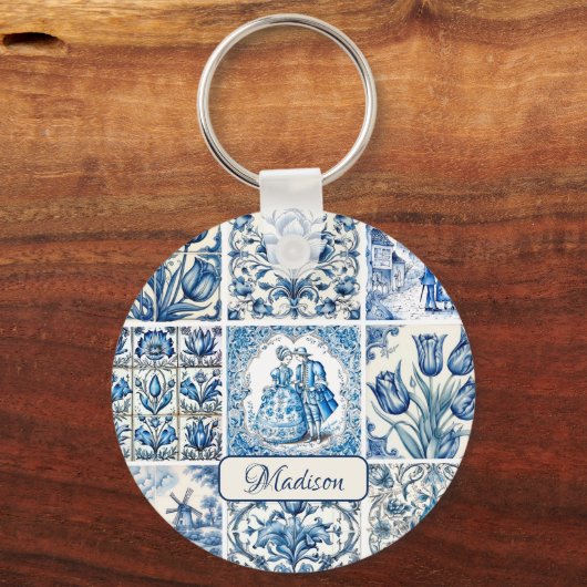 Chique Blauw wit toile de jouy Poppen en bloemen Sleutelhanger (Voorkant)
