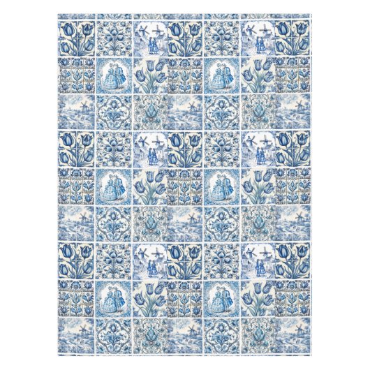 Chique Blauw wit toile de jouy Poppen en bloemen Tafelkleed (Voorkant)