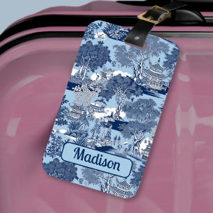 Chique Blauw wit wilg chinoiserie huisje Bagagelabel