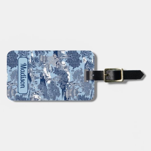 Chique Blauw wit wilg chinoiserie huisje Bagagelabel (Voorkant horizontaal)
