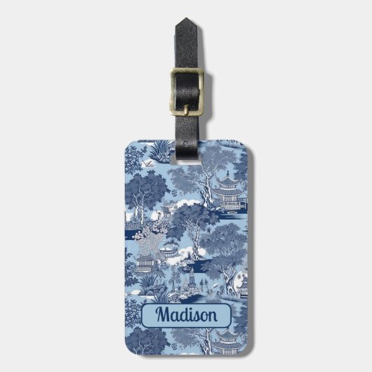 Chique Blauw wit wilg chinoiserie huisje Bagagelabel (Voorkant verticaal)