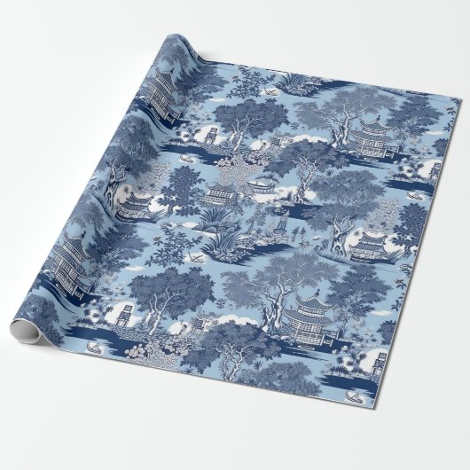 Chique Blauw wit wilg chinoiserie huisje Cadeaupapier (Uitgerold)