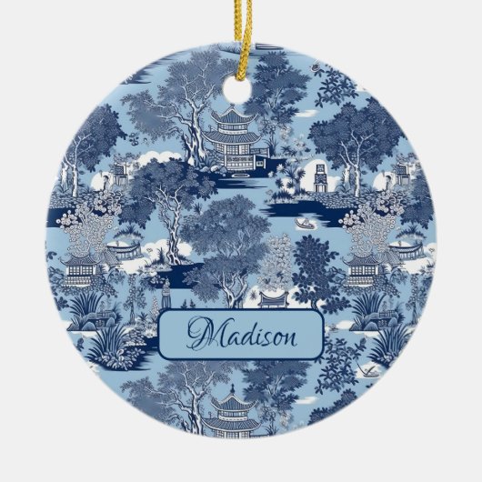 Chique Blauw wit wilg chinoiserie huisje Keramisch Ornament (Voorkant)