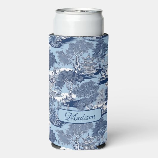 Chique Blauw wit wilg chinoiserie huisje Seltzer Blikjeskoeler (Seltzer Achterkant)