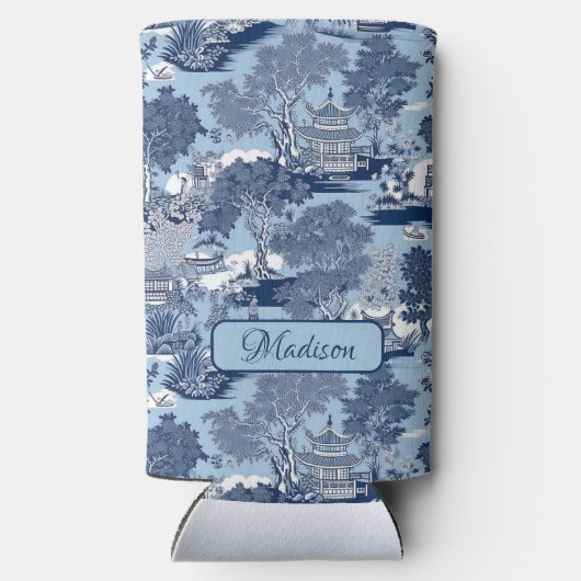 Chique Blauw wit wilg chinoiserie huisje Seltzer Blikjeskoeler (Achterkant)