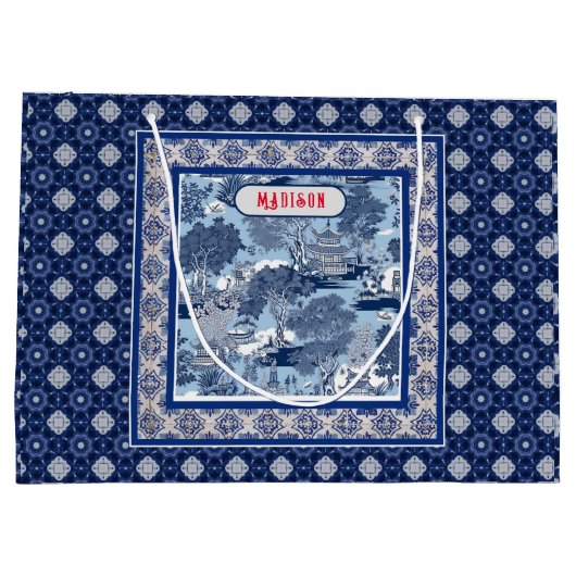 Chique Blauw wit wilg chinoiserie toile monogram Groot Cadeauzakje (Achterkant)