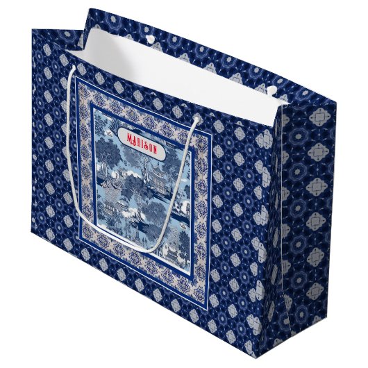 Chique Blauw wit wilg chinoiserie toile monogram Groot Cadeauzakje (Voorkant Gekanteld)
