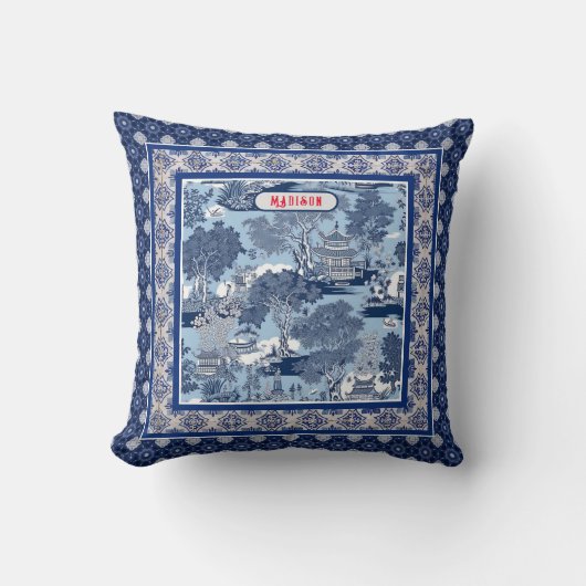 Chique Blauw wit wilg chinoiserie toile monogram Kussen (Voorkant)