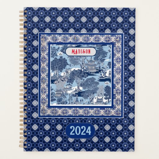 Chique Blauw wit wilg chinoiserie toile monogram Planner (Voorkant)
