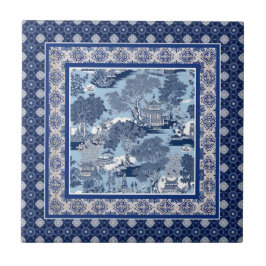 Chique Blauw wit wilg chinoiserie toile monogram Tegeltje
