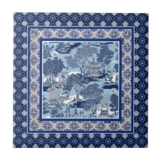 Chique Blauw wit wilg chinoiserie toile monogram Tegeltje