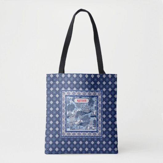 Chique Blauw wit wilg chinoiserie toile monogram Tote Bag (Voorkant)