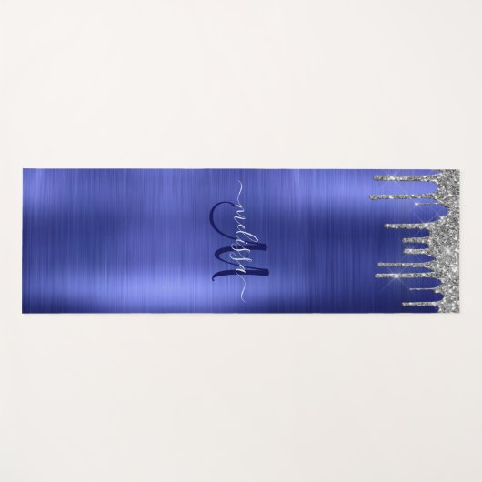Chique Blauw Zilver Dripping Glitter Monogram Naam Yogamat (Voorkant (horizontaal))