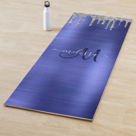 Chique Blauw Zilver Dripping Glitter Monogram Naam Yogamat