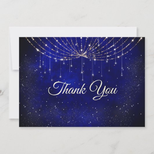 Chique blauw zilver faux glitter lampjes bedankkaart (Voorkant)