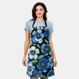 Chique Blauwe Acryl Bloemen op Zwarte Keukenschort Schort