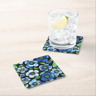 Chique Blauwe Acryl Bloemen op Zwarte Onderzetter