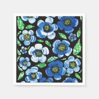Chique Blauwe Acryl Bloemen op Zwarte Papieren Ser Servet