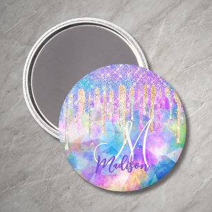 Chique blauwe aqua eenhoorn druipende glitters mon magneet