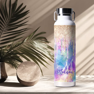 Chique blauwe aqua eenhoorn druipende glitters mon waterfles