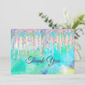 Chique blauwe aqua eenhoorn druipt van de glitter bedankkaart (Staand voorkant)