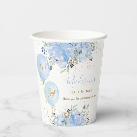 Chique Blauwe Ballonnen Blauw Bloemen Jongen Baby  Papieren Bekers (Achterkant)