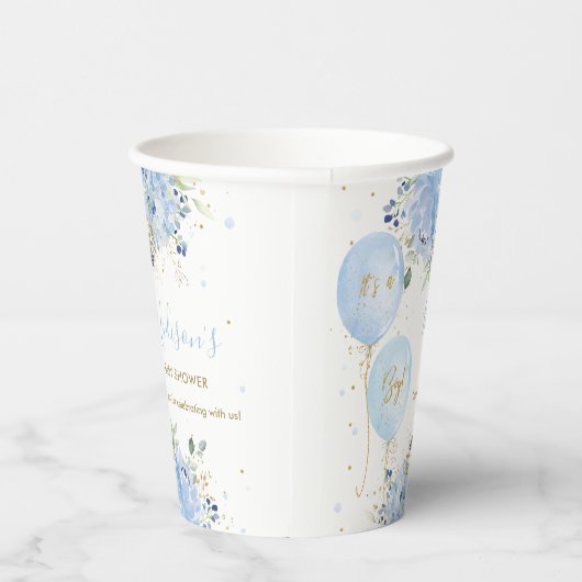 Chique Blauwe Ballonnen Blauw Bloemen Jongen Baby  Papieren Bekers (Rechts)