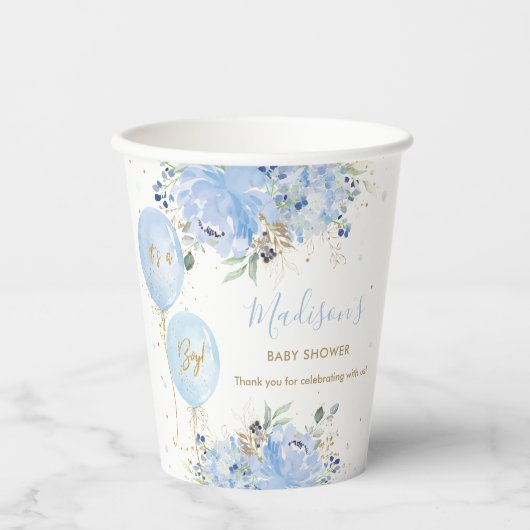 Chique Blauwe Ballonnen Blauw Bloemen Jongen Baby  Papieren Bekers (Voorkant)