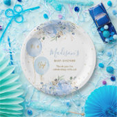 Chique Blauwe Ballonnen Blauw Bloemen Jongen Baby Papieren Bordje (Feest)