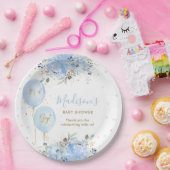 Chique Blauwe Ballonnen Blauw Bloemen Jongen Baby Papieren Bordje (Feest)