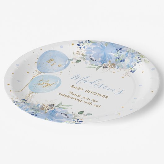 Chique Blauwe Ballonnen Blauw Bloemen Jongen Baby Papieren Bordje (Gekanteld)