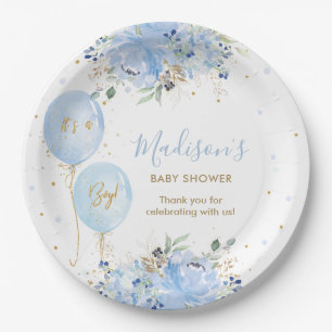 Chique Blauwe Ballonnen Blauw Bloemen Jongen Baby Papieren Bordje