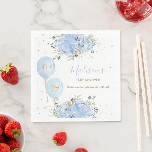 Chique Blauwe Ballonnen Blauw Bloemen Jongen Baby Servet (Insitu)