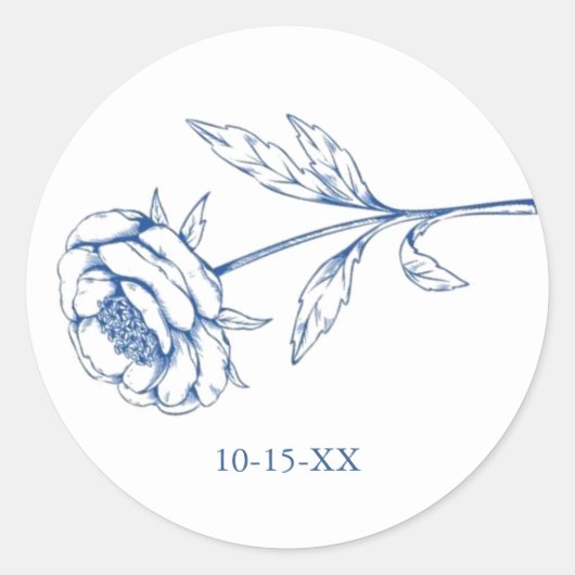 Chique Blauwe Bloemen met Bruiloft Datum Ronde Sticker (Voorkant)